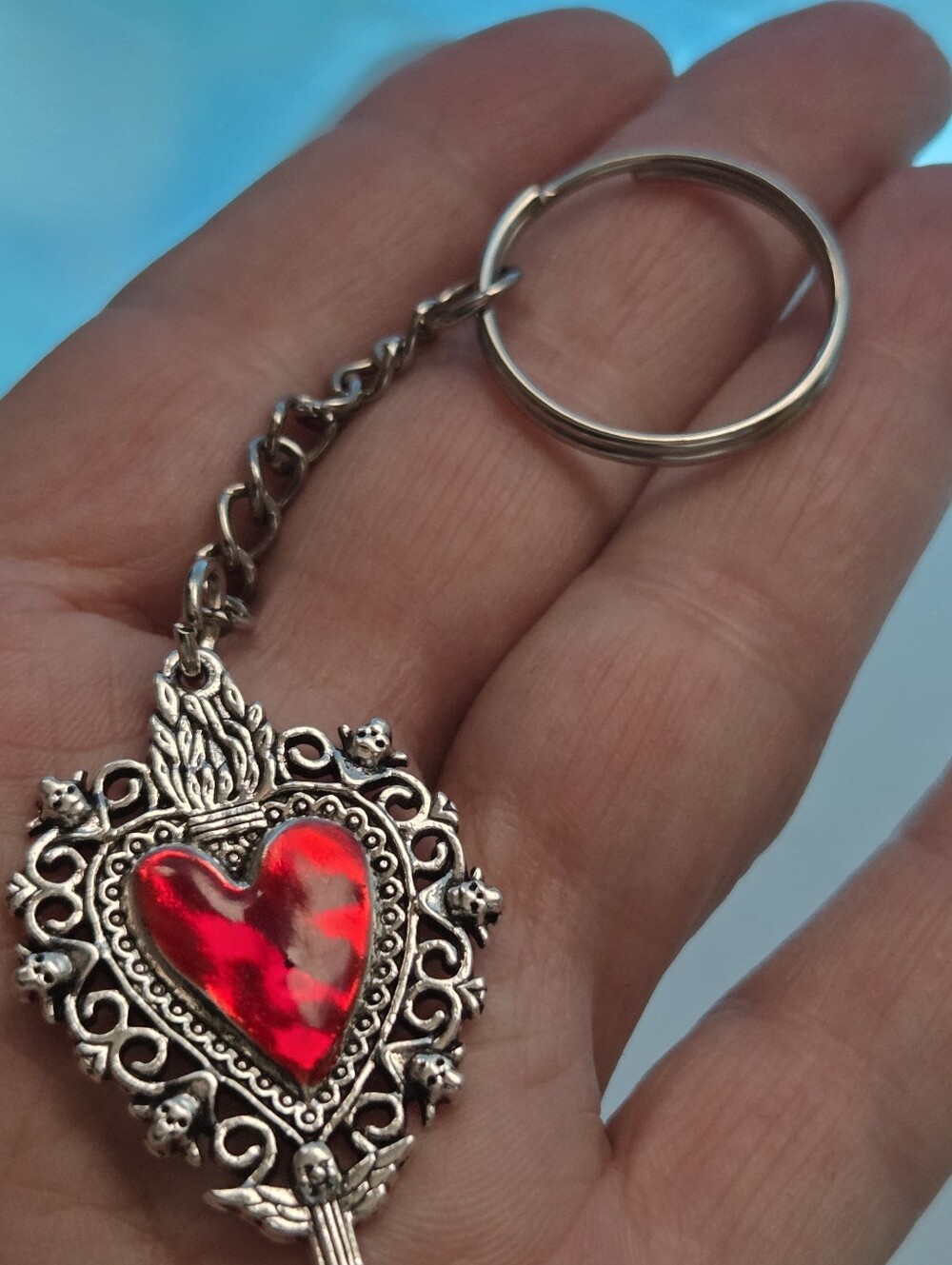 Silver Tone Heart Keychain with Red Glass Center